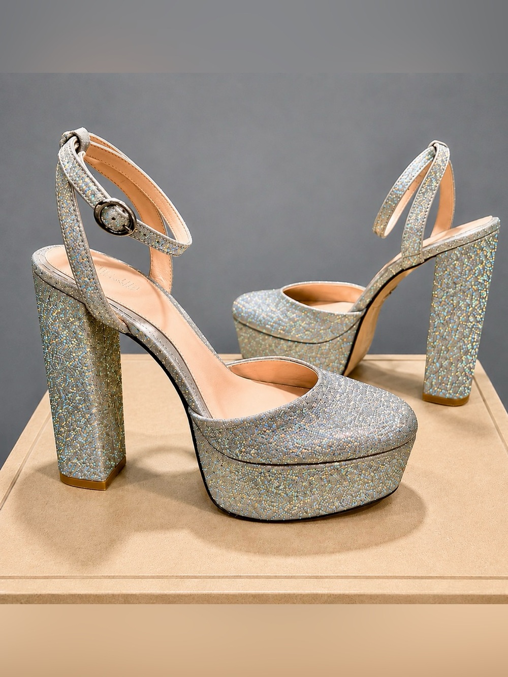 Antonio Melani x Born On Fifth Liv Silver Glitter Platform Block Heels 10
